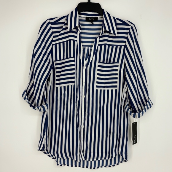 BCX Juniors Medium Button Front Shirt Blue White Stripe V-Neck Pockets Roll Tab - Picture 2 of 10